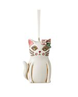 Whimsical cat ornament featuring a white feline with a crown of colorful flowers and a pearl-like organza ribbon for hanging; designed by Michelle Allen.