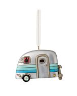 Whimsical ornament depicting a vintage-style silver camper with retro stripes and window details, suspended by a pearl-like organza ribbon; designed by Michelle Allen.