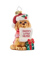 This Festive Furry Friend ornament features a cheerful pup dressed for the holidays, eager to help Santa with gift wrapping. A heartwarming collectible, it adds playful charm and joy to any Christmas tree.