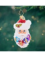 Christopher Radko 'Ho-Ho-Happy Year Gem' depicts Santa with a snowy white beard, adorned with Christmas baubles that spell out '2024.' This glass ornament adds a joyful touch to your holiday decor, celebrating the New Year.