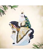 Santa's reindeer, dressed in shimmering gold coats, prance through a sparkling winter wonderland. The 'Golden Coat Delivery' ornament adds a touch of magical elegance to your holiday decor.