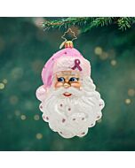 Elegant Christopher Radko ornament showcasing Santa in a bright pink hat with a ribbon , honoring breast cancer awareness.