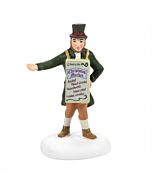 Victorian-era sandwich board man in period attire, advertising local Christmas Market offerings on a snowy village street.