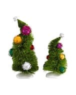 Pair of whimsical, curvy Christmas trees with exaggerated bends and festive detailing, styled in the playful spirit of Whoville.
