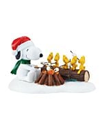A Department 56 collectible accessory showing Snoopy and several Woodstock birds gathered around a small campfire, holding sticks with marshmallows.