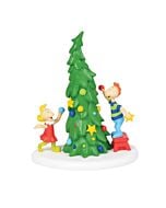 Whimsical half-decorated Christmas tree with colorful ornaments and Seussian flair, capturing the playful chaos of holiday cheer in Who-ville.