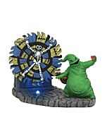 A dynamic village accessory depicting Oogie Boogie from The Nightmare Before Christmas spinning a giant wheel, adding a lively touch to any themed display.