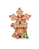 Whimsical gingerbread-themed windmill building with rotating cookie blades and icing-like trim, evoking a festive North Pole bakery scene.