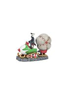 A festive scene with Jack Skellington riding a snowmobile, loaded with Christmas goodies, capturing his excitement as he returns from Christmas Town.