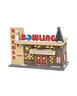 A nostalgic village bowling alley with retro signage and winter accents, capturing the spirit of The Old Man’s favorite hangout from A Christmas Story.
