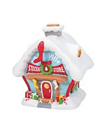Colorful Whoville-style building shaped whimsically with vibrant details and holiday stockings displayed, capturing the joyful spirit of Christmas preparations.