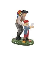 Playful Halloween village figure of a father and son dressed as pirates, following a treasure map on a spooky adventure.