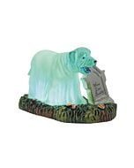 A glowing ghostly dog figure with a friendly expression, floating near a tombstone, adding a playful touch to a haunted village scene.