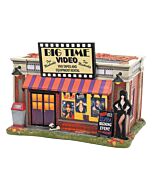 Spooky-themed video rental shop featuring signage and details inspired by Elvira, Mistress of the Dark, perfect for a Halloween village scene.
