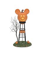 Tall orange water tower with a pumpkin-shaped tank and Mickey Mouse ears, adding whimsical charm to a Halloween village scene.