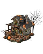 A spooky, weathered cottage with a crooked roof and rustic charm, set among eerie trees—home to Ichabod Crane and his loyal horse, Gunpowder, in the haunted outskirts of Sleepy Hollow.