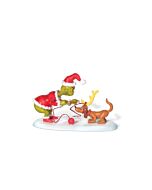 The Grinch stands beside his loyal dog Max, who is humorously outfitted with antlers as a makeshift reindeer, capturing a whimsical scene from the classic holiday tale.