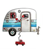 Playful wall clock shaped like a shiny silver vintage trailer with retro stripes, featuring window and curtain details, and a swinging red truck pendulum; designed by Michelle Allen.
