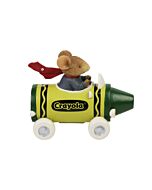 A spirited mouse racing forward with a flowing scarf, riding a vibrant coaster shaped like a crayon, embodying creativity and imagination in motion.