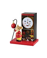 A "Tails with Heart" figurine showcasing a modest mouse holding a Christmas ornament on a shepherd's hook, set against the iconic FAO clock in a regal palette of reds, golds, and blacks, evoking timeless holiday joy.