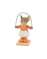 Cheerful mouse figurine in bright orange attire, grinning broadly while jumping rope, adorned with a sparkling brooch, radiating playful energy and the joy of a sunny day outdoors.