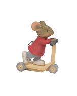 A charming mouse figurine zips forward atop a bright red scooter, long ears streaming back in the breeze and a wide grin on its face. The mouse’s posture and whiskers radiate excitement and the spirit of adventure, evoking the thrill of a joyful ride with