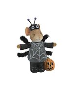 A charming little mouse dressed in a spider costume, accompanied by a friendly jack-o-lantern, ready to bring sweet enchantment and Halloween fun to any holiday display.