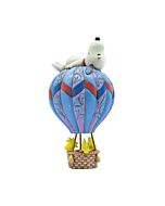 This Jim Shore figurine shows Woodstock and friends attempting a hot air balloon ride, only to be held down by a snoozing Snoopy. Handcrafted with rosemaling patterns and folk art charm, it adds humor and whimsy to Peanuts collecting.