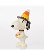 Adorable Jim Shore Mini Snoopy figurine rocking an oversized candy corn hat, gleefully clutching a sugary treat, ready to sprinkle Halloween charm into your home decor