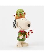 Miniature Snoopy Elf figurine by Jim Shore, featuring Snoopy dressed in a festive elf costume with a candy cane in hand and a joyful holiday expression.