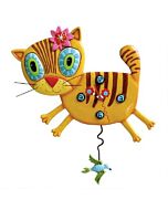 Whimsical wall clock featuring an orange tabby cat with wide blue and green eyes, adorned with a pink flower on her head, and a swinging bird pendulum; designed by Michelle Allen.