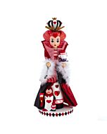 Regal Queen of Hearts nutcracker embellished with sparkling red heart accents and ornate details, dressed in lavish crimson and gold attire, capturing the dramatic spirit of Lewis Carroll’s character for a festive statement piece.