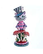 Step into a glittering wonderland with the Cheshire Cat Hollywood Nutcracker, perched upon a mystical mushroom forest base. This magical creation adds a whimsical twist to the traditional nutcracker design.