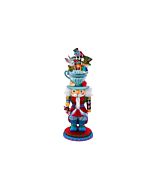 Whimsical nutcracker inspired by Alice's Adventures in Wonderland, wearing a glittered teacup hat filled with characters from the story, adorned with a red rose and heart accents, standing on a matching glittered base.