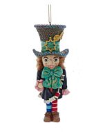 This Hollywood Nutcracker ornament features the whimsical Mad Hatter, complete with his iconic “10/6” hat and vibrant, colorful attire. Its playful and detailed design brings a storybook charm to any Christmas tree or holiday display.