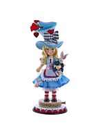 Whimsical Alice in Wonderland-inspired nutcracker in a classic blue dress, ready to bring a touch of magic to your holiday decor.