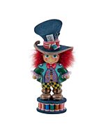 Whimsical Mad Hatter nutcracker adorned in his signature top hat and colorful Victorian attire, bringing Lewis Carroll's eccentric tea party host to life as a festive holiday decoration with intricate details and vibrant storytelling charm.