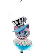 Vibrant Cheshire Cat ornament from the Hollywood Nutcrackers™ collection, showcasing the cat's iconic striped fur and playful grin inspired by Alice's Adventures in Wonderland. Designed by acclaimed artist Holly Adler exclusively for Kurt S. Adler, Inc.,