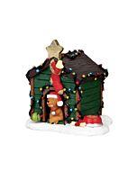 This delightful collectible showcases a doghouse illuminated with festive string lights, complete with a miniature Christmas stocking and a joyful dog sporting a tiny Santa hat.