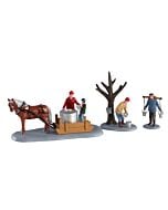 A snowy woodland scene comes to life with a horse-drawn sled and hardworking villagers gathering maple sap. Buckets hang from trees as the sweet tradition of syrup-making warms the winter air.
