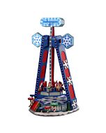 Enchanting Lemax Spinning Snowflake ride, a towering winter wonderland carousel with swirling arms and joyful riders, capturing the magic of a snowy carnival night