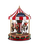 Whimsical holiday carousel adorned with sparkling lights and festive garlands, featuring joyful children riding colorful horses in a merry winter celebration.