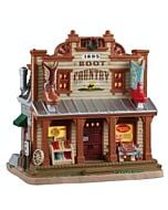 A rustic western storefront adorned with giant cowboy boots, beckoning shoppers to a saddle and boot sale. A horse stall stands ready, blending frontier charm with holiday shopping magic.