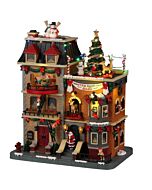 Festive rooftop party in Santa's Wonderland: Elves dangling from windows, snowmen grooving on the icy deck, a reindeer circling a sparkling Christmas tree, and eggnog-fueled holiday chaos under twinkling lights.