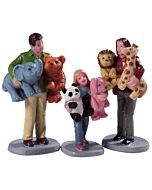 A joyful family trio—mother, father, and daughter—proudly display their plush animal prizes, including a tiger, panda, lion, and giraffe, as they stroll through the carnival grounds.