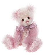 Charlie Bears Paloma plush bear crafted from deep plum and lilac mohair, featuring expressive eyes, stitched detailing, and a matching purple ribbon accent.