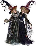 The Mark Roberts “Witches of Siam” collectible showcases conjoined twin witches draped in meticulously detailed gowns, holding hands as if ready to cast a playful spell. Their expressive faces and magical accessories reveal the artistry and theatrical fla