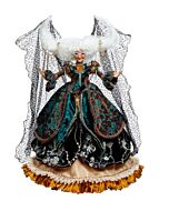 A finely dressed witch from Mark Roberts' Midnight Hour collection enchants with intricate fabric details and jeweled accents, embodying a magical midnight elegance. Her poised stance and elaborate costume capture the whimsy and mystery of a fanciful Hall