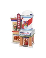 A charming village barber shop with a red and white striped pole and vintage architecture, welcoming locals for their seasonal trims.