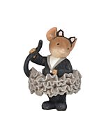 A mouse dressed in a cat costume with a tutu, cat ears, and tail, playfully posing as a cat to scare others in a Halloween-themed scene.
